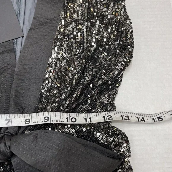 Halston Ranae Cocktail Dress Womens 0 Black Silver Sequin Sheath Blouson Drape